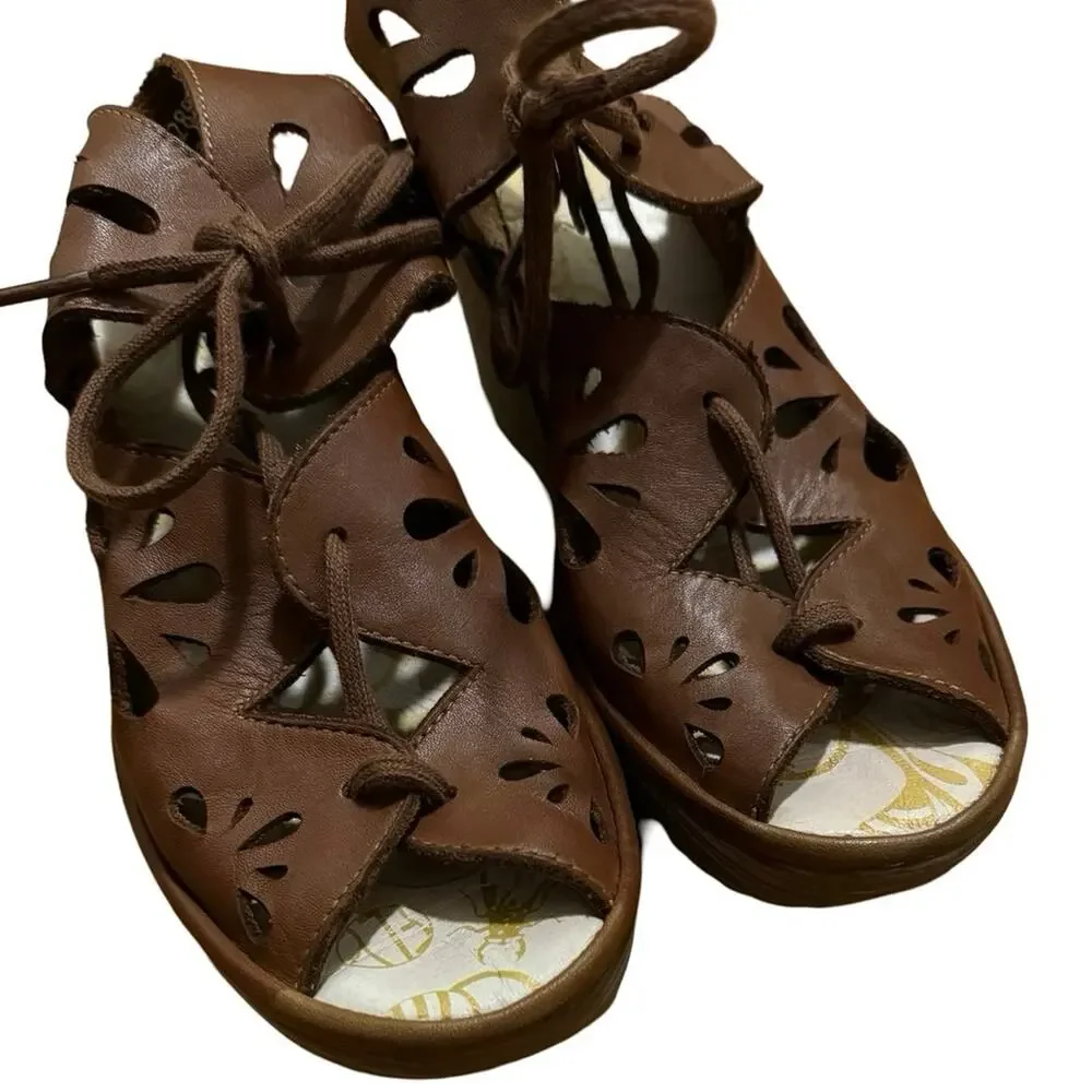 FLY London Women's Leather Lace Up Wedges Yote Brown 36 (5.5-6) shoes sandals - Picture 4 of 7